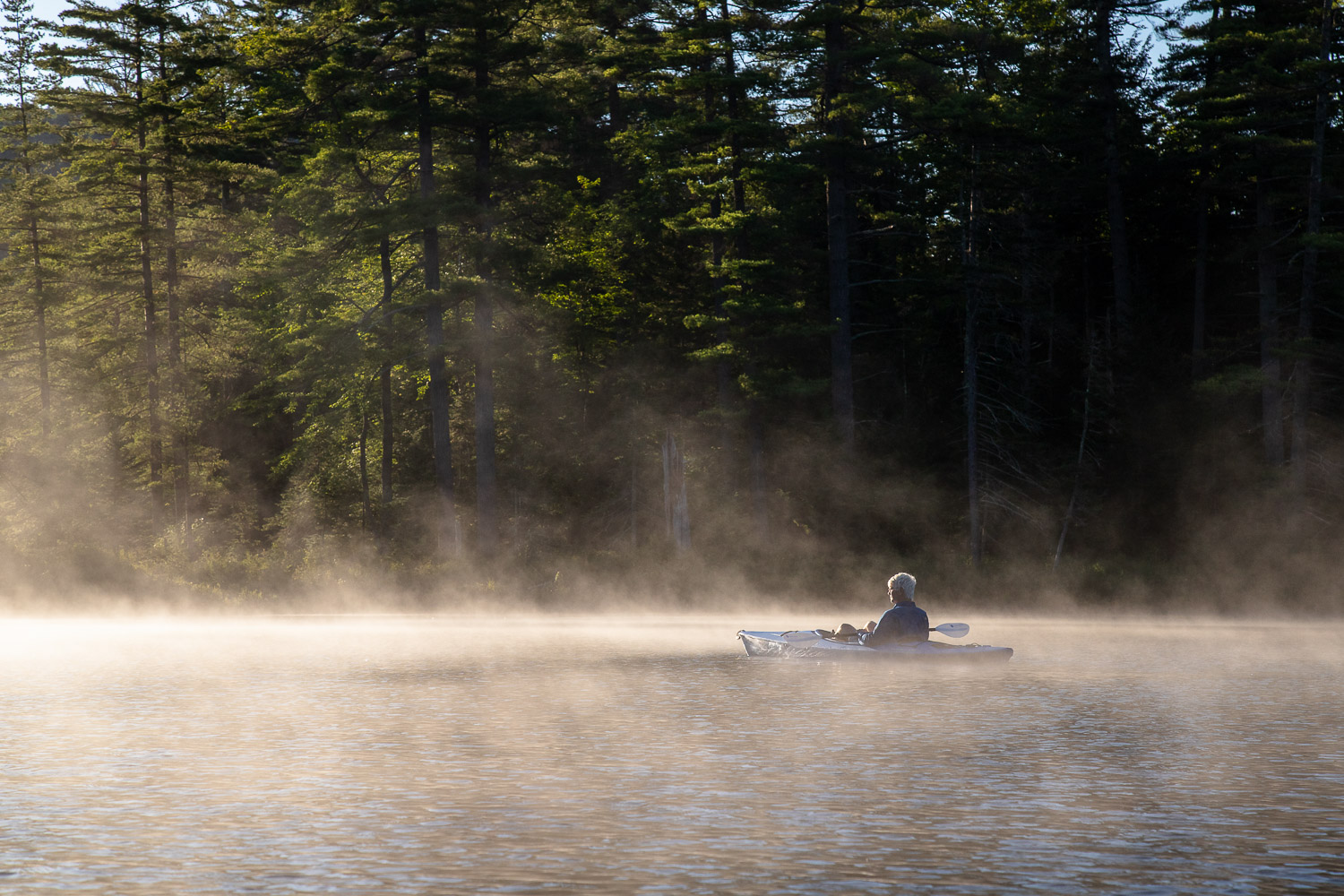 kayaking on a foggy lake